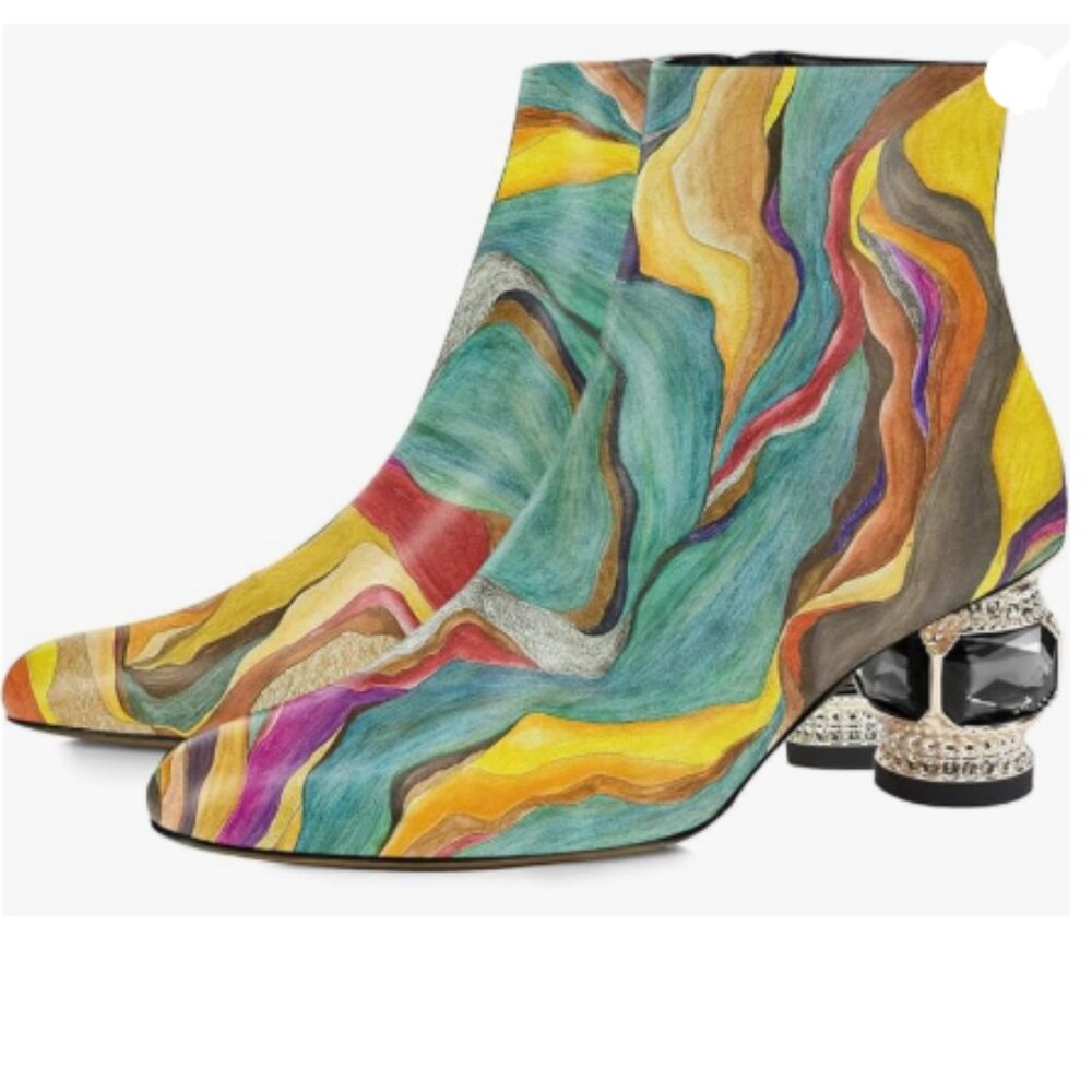 FSJ Painting Round Toe Crystal Block Low Heel Ankle Boots Side Zipper Shoes